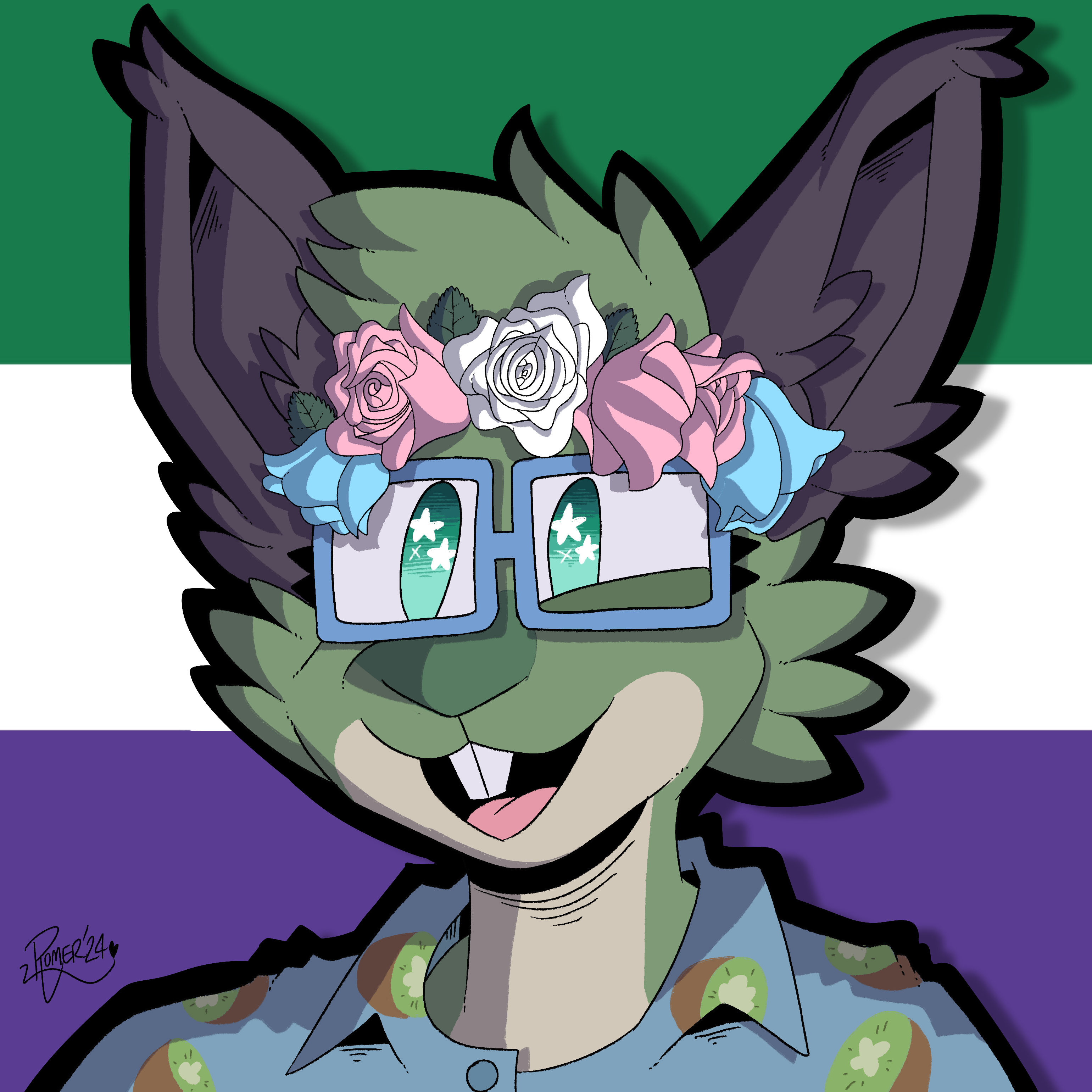 Beryl the Bunny wearing a kiwi shirt and a Trans Pride flower crown, on a Nonhuman Unity flag